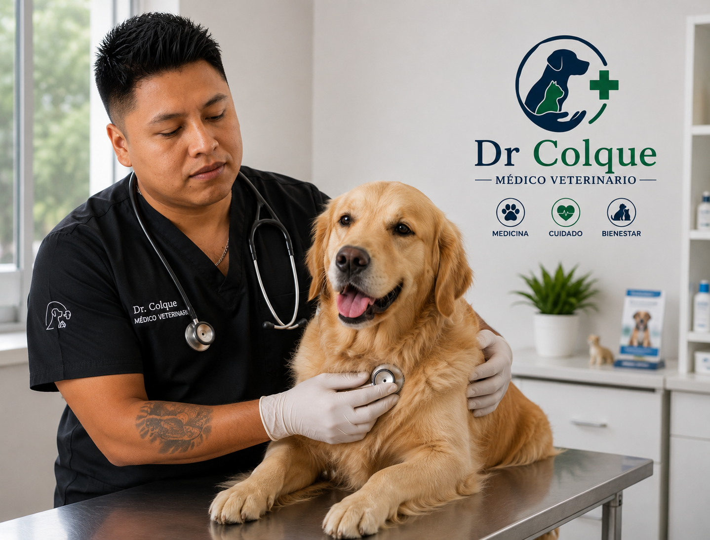 Dr. Colque atendiendo a un perro